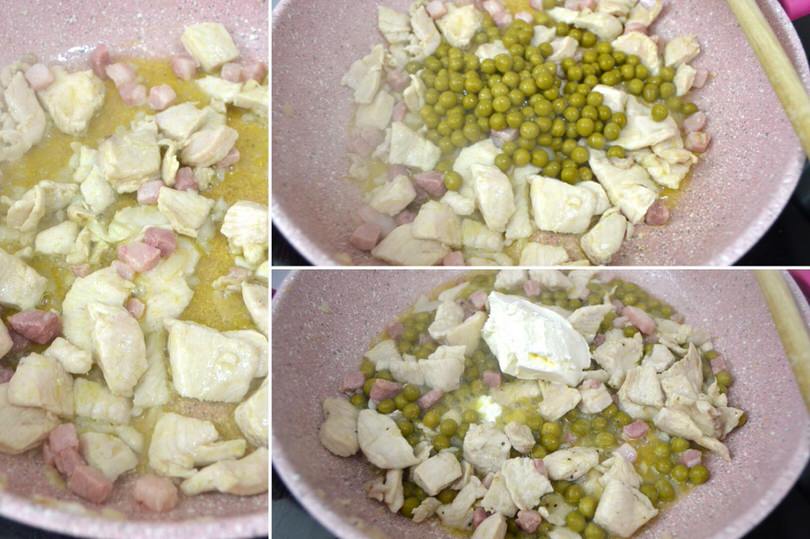 2 aggiungere pancetta e piselli