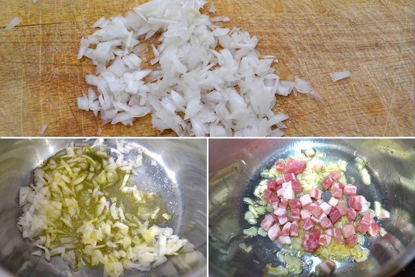 1 soffriggere cipolla e pancetta