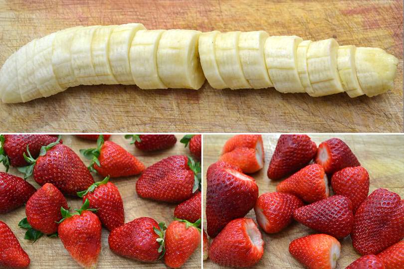 1 tagliare fragole e banane